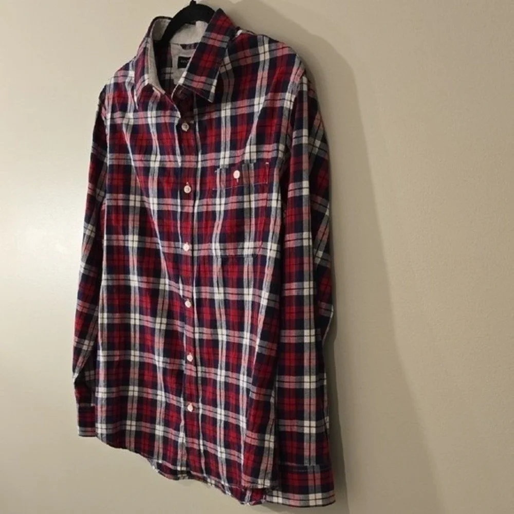 Banana Republic Slim Fit Flannel Shirt Mens Large Red Navy Blue Plaid Cotton L
